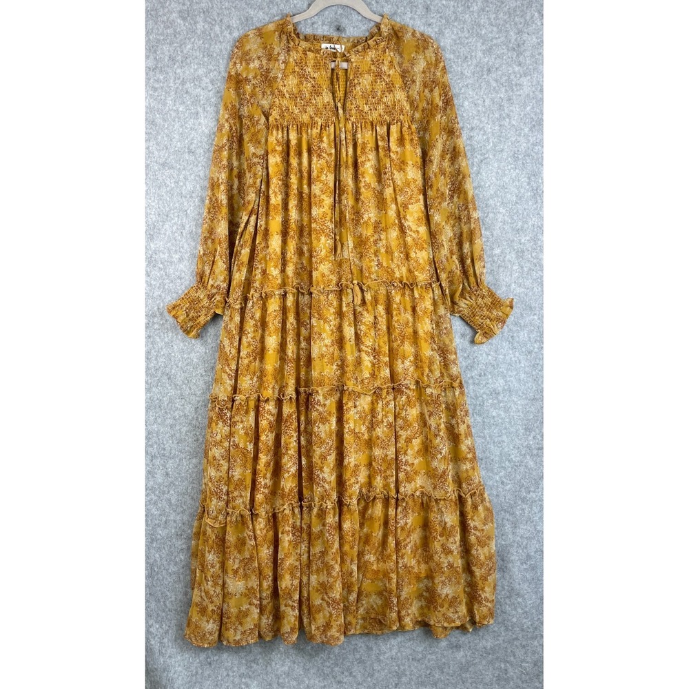 In Bloom Tiered Maxi Dress Womens Medium Yellow Floral Smocked Boho Romantic